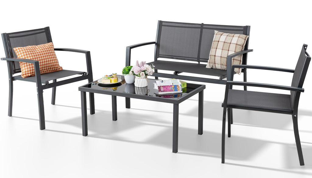4 Pieces Patio Furniture Set All Weather Textile Fabric Outdoor Conversation Set, with Glass Coffee Table, Loveseat