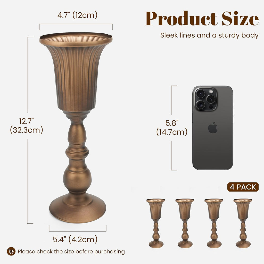 Antique Bronze Tall Trumpet Vases Centerpieces for Tables, 4 Pcs | 12.7in Vintage Metal Flower Stand, One-Piece No