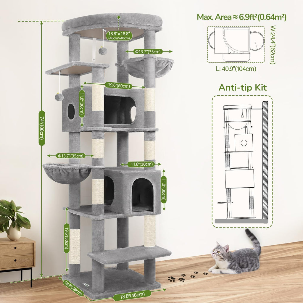 74in Heavy Duty Cat Tree Tower for Indoor Cats Large Adult