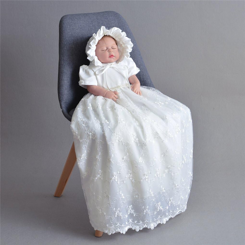 Baby Girls Floral Lace Empire Waist Organza Long Christening Gown Baptism Dress with Ruffle Bonnet