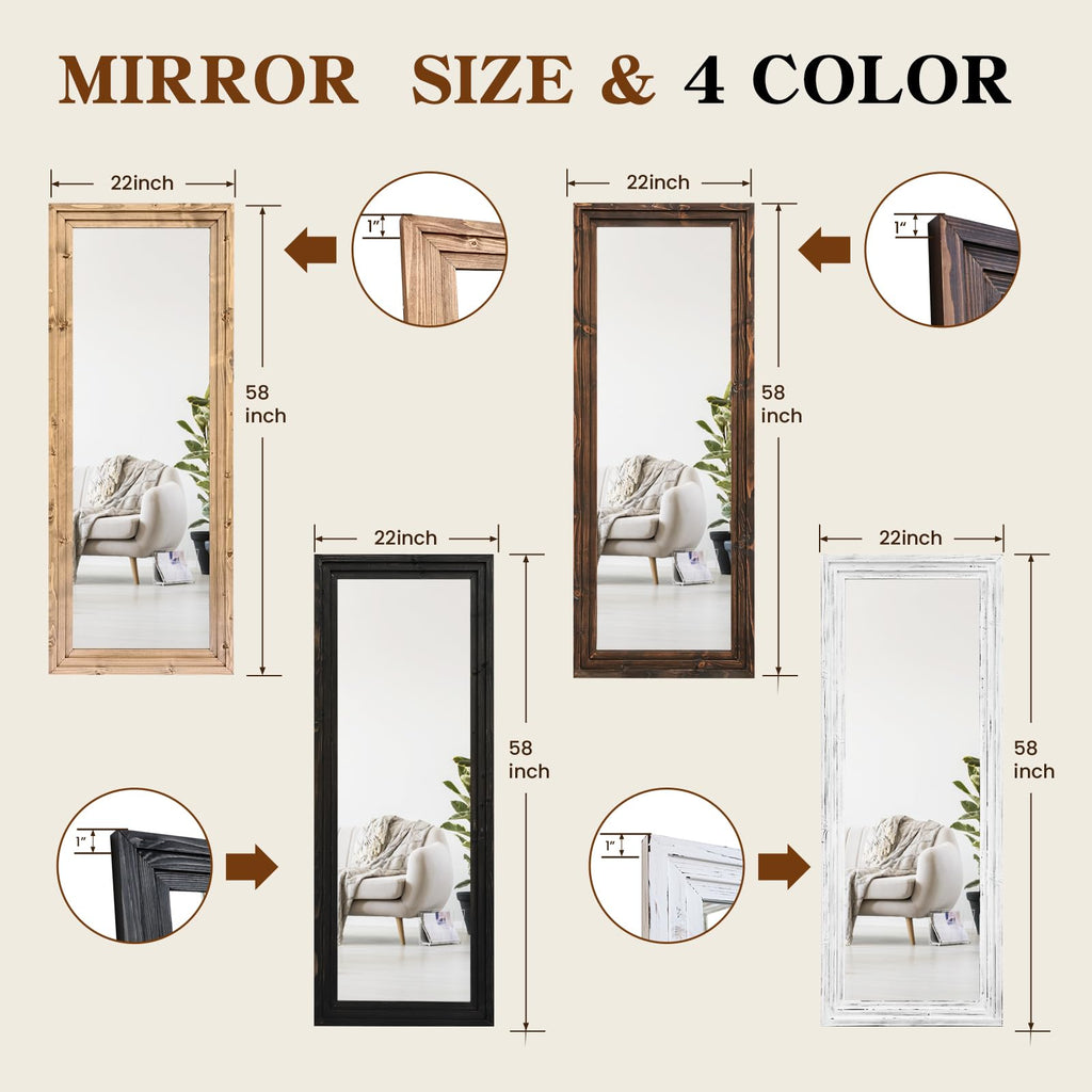 58x22in Full Length Mirror, 3-Tier Stepped Solid Wood Frame, Brown