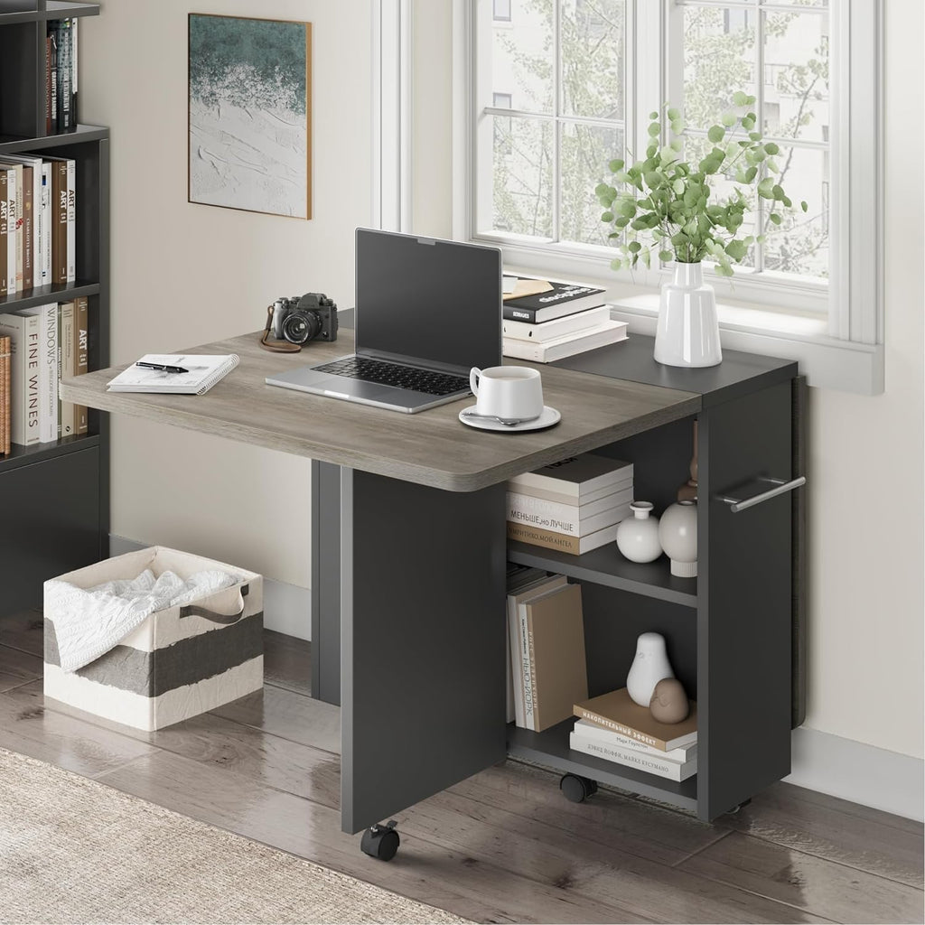 FoldingTable, Drop Leaf Dining Table with 6 Wheels and 2-Layer Storage Shelf, Space Saving Table for Small Spaces