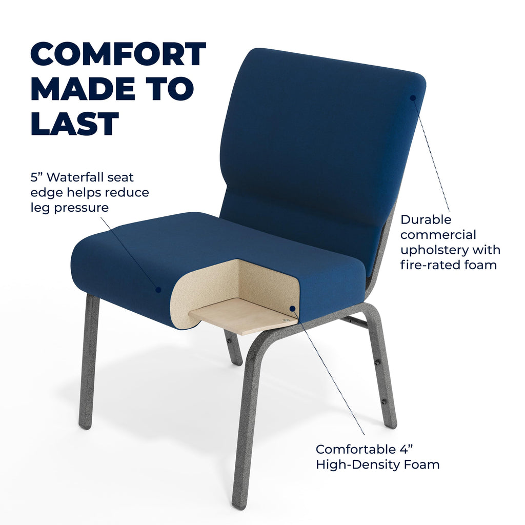 Series 21''W Stacking Church Chair in Navy Blue Fabric - Silver Vein Frame