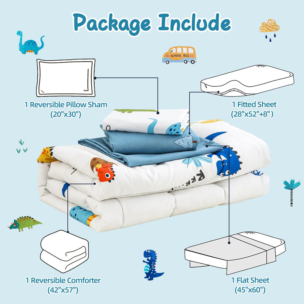 Cotton Toddler Bedding Set, 4 Pieces Dinosaur Kids Bed Comforter Set