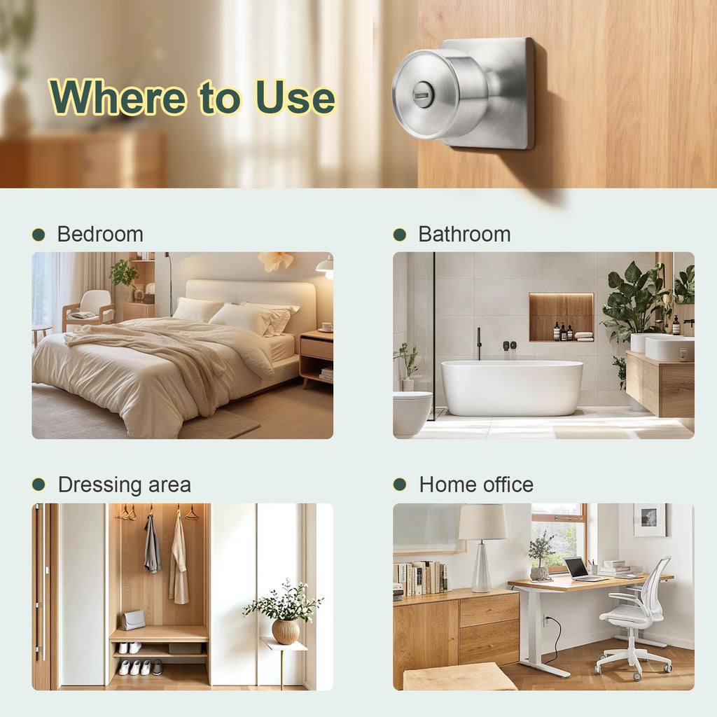 Tulip Privacy Door Knob with Square Backplate, Modern Cylindrical Square Rosette Keyless Lock , Quiet & Easy Install