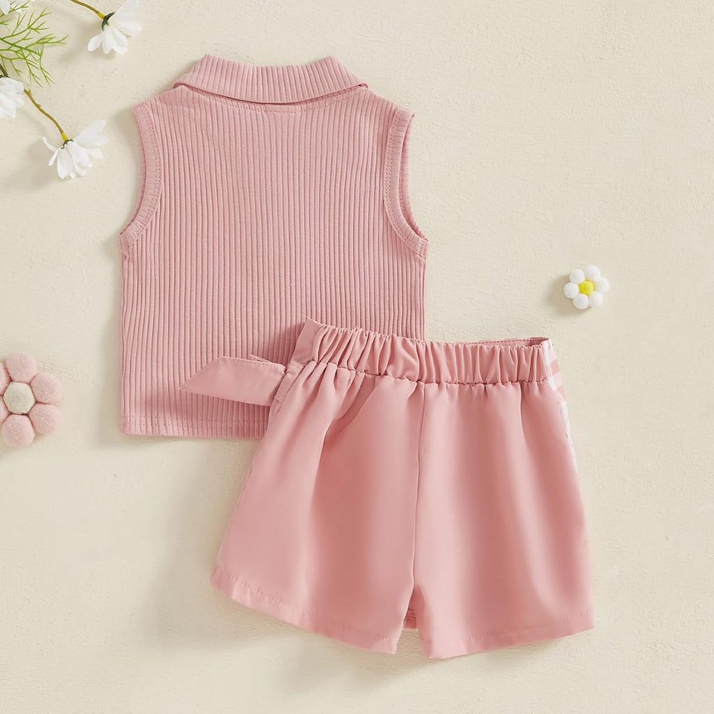 Toddler Baby Girls Summer Outfit Sleeveless Ribbed Collared Tank Tops + Floral Skirt Shorts Set Kids Cute Clothes