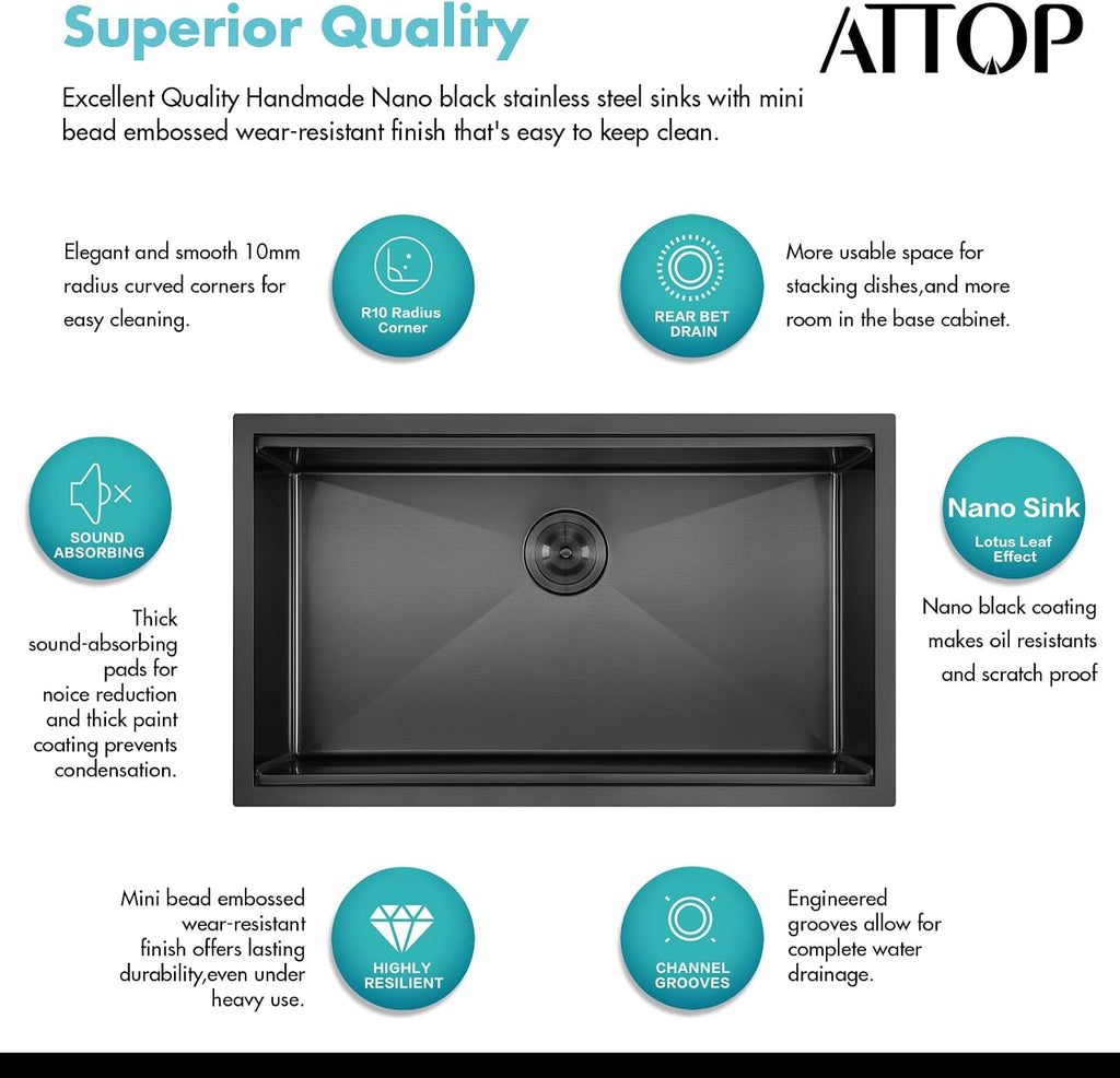 32 Inch Black Workstation Undermount Large Single Bowl Kitchen Sink | 32x19 Inch, Nano Black Stainless steel