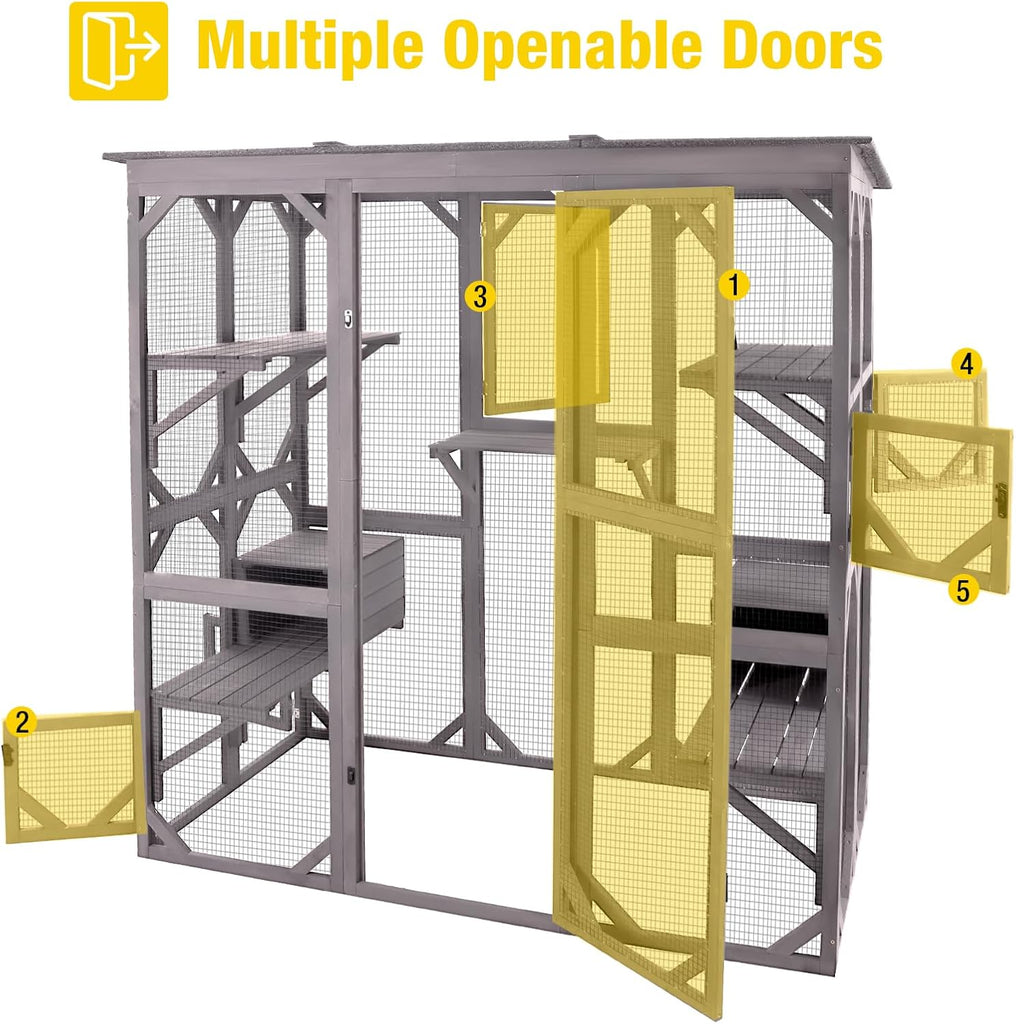 Large Wooden Catio Outdoor Cat Enclosure, Walk-in Kitty Condo with 7 Climbing Platforms, 2 Napping Houses, Expandable
