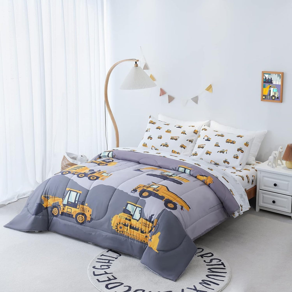 Full Comforter Set for Boys, 5-Piece Bed in a Bag, 3D Construction Bedding Comforter Sheet Set, Ultra Soft and