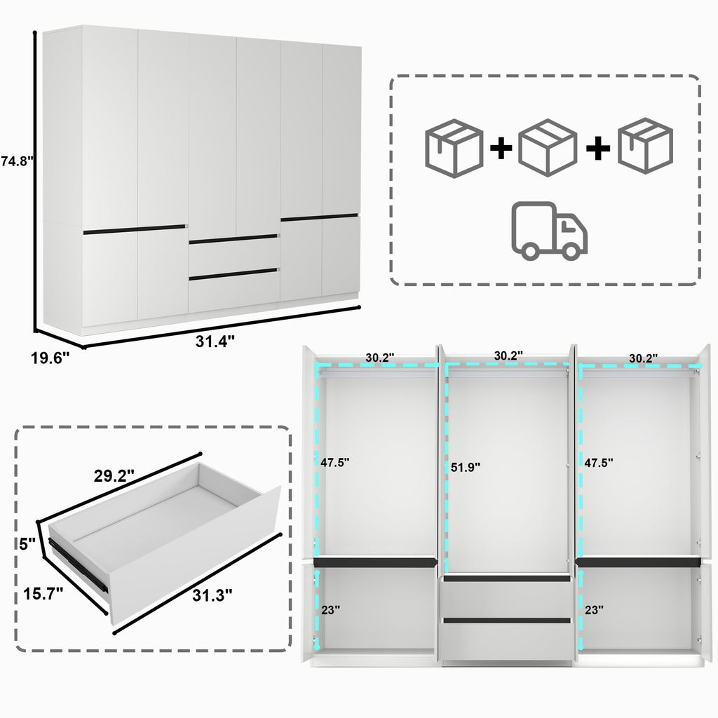 White Armoire Wardrobe Closet with 6 Doors: 75" H x 63" W