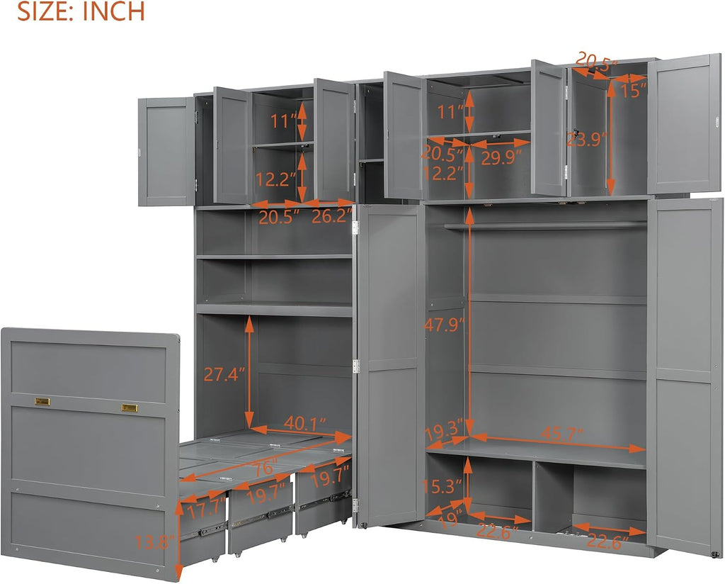 Twin Murphy Bed with Storage & LED Lights, Foldable Wall Bed Cabinet with Shelves, Cabinet & Wardrobe, Space-Saving