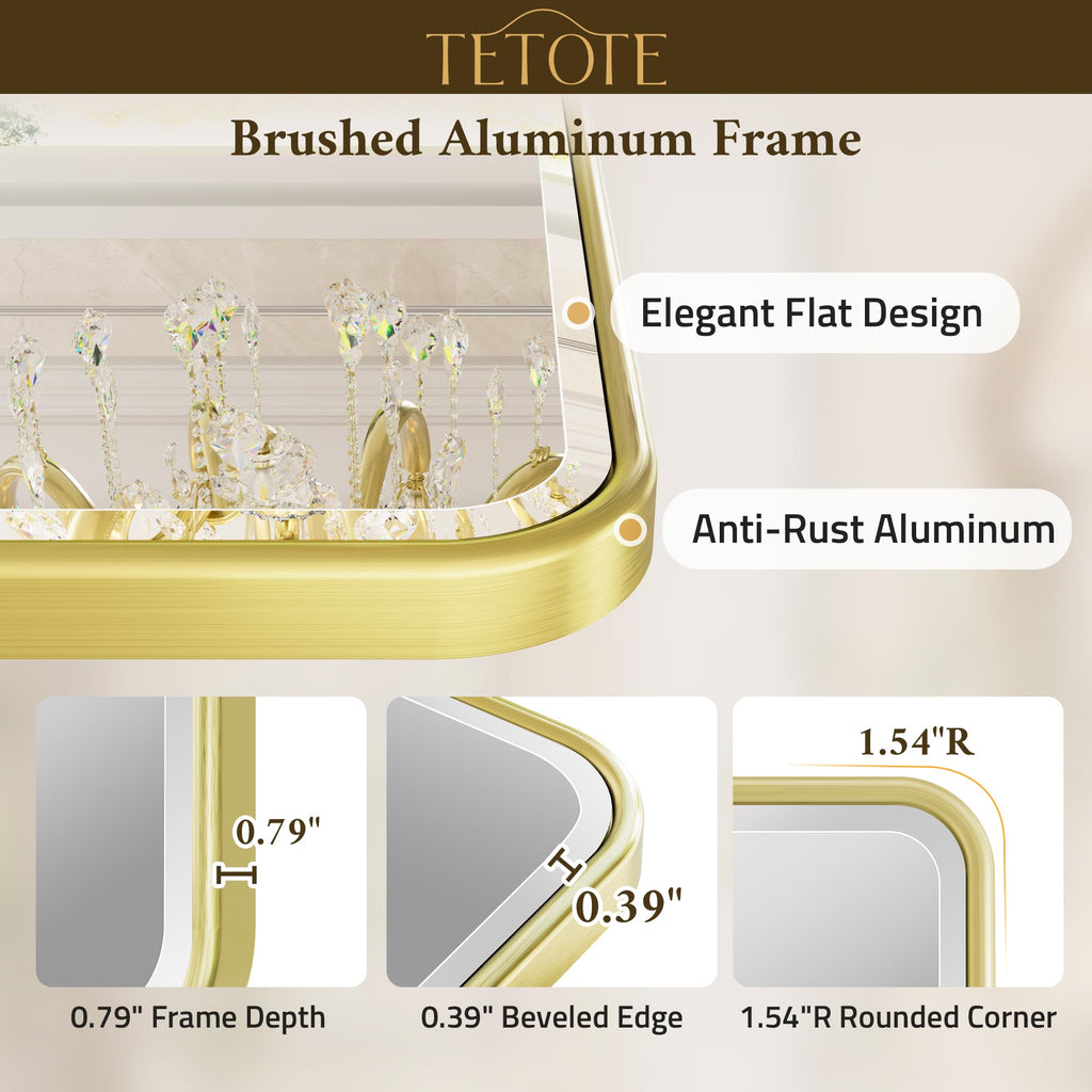 Brushed Gold Mirrors for Wall 30 x 36 Beveled Edge Tempered Glass, Rounded Corner Rectangle Framed Mirror for Modern