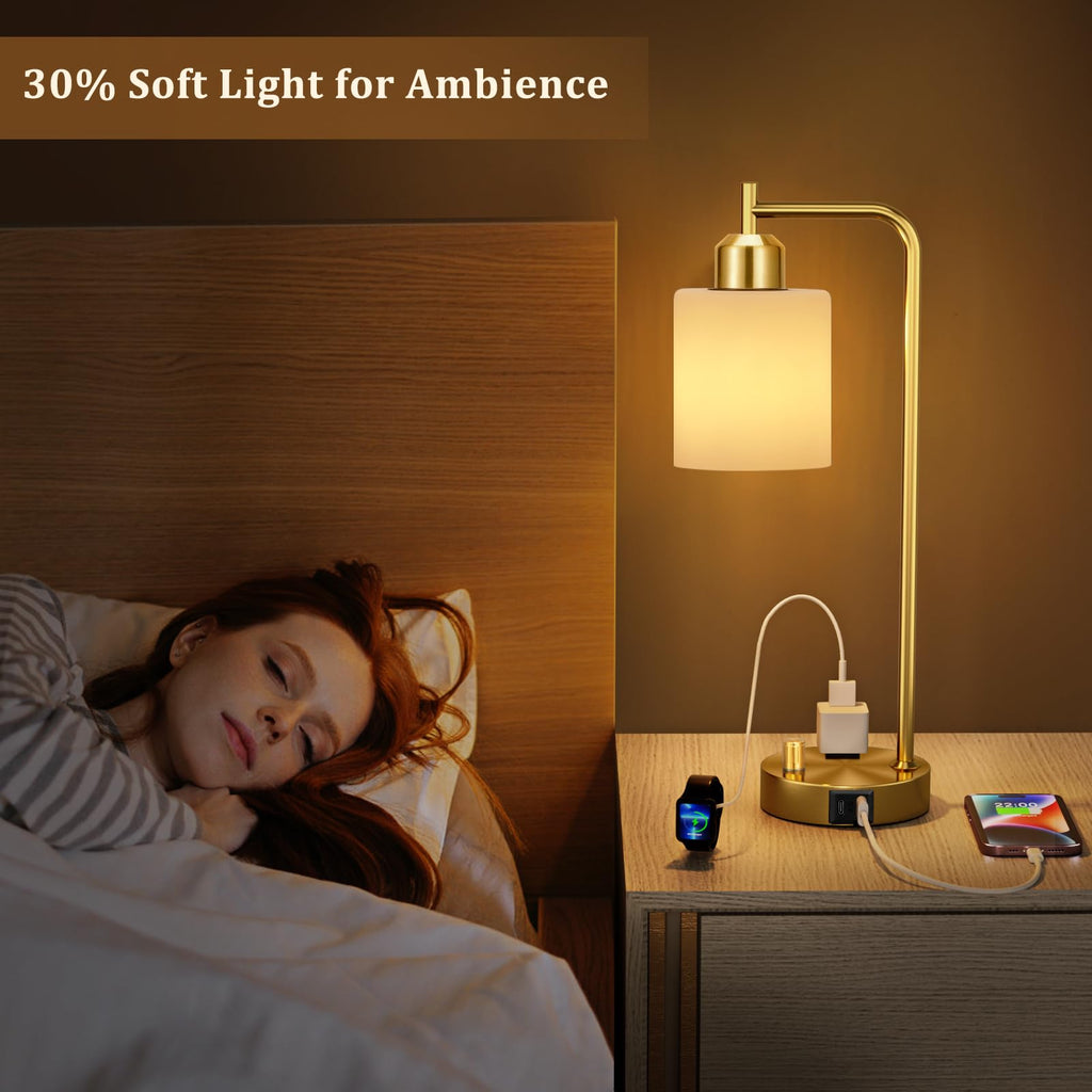 Gold Lamp - Industrial Bedside Table Lamp with USB Port and Outlet, Fully Dimmable Nightstand Lamp with Opal Glass