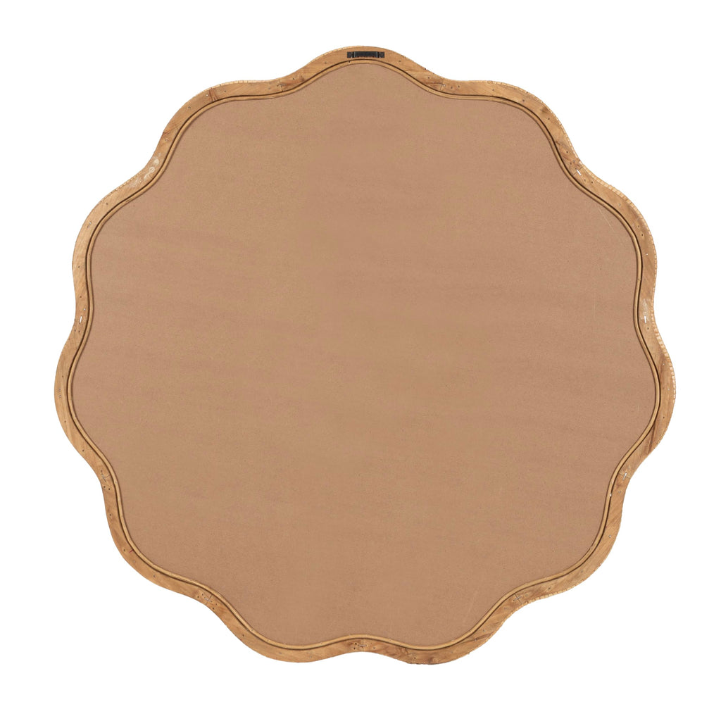 Rahfy Boho Scalloped Round Rattan Mirror, 32 Inch Diameter, Natural Wood, Decorative Round Wavy Mirror with Authentic