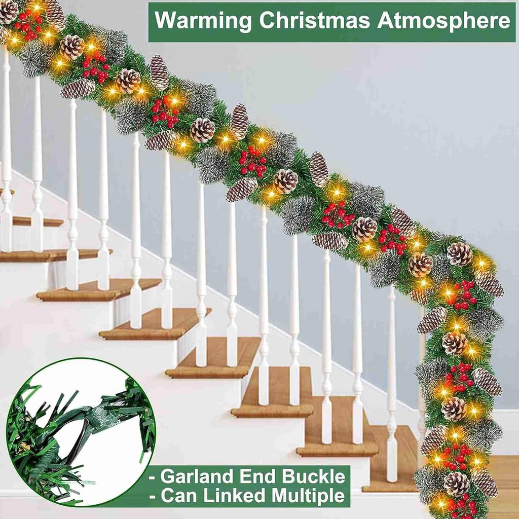 Timer 8 Modes - 9 Ft by 10 Inch Prelit Christmas Garland with 50 Warm Lights Thick 270 Snowy Bristle Pine 10 Pinecone