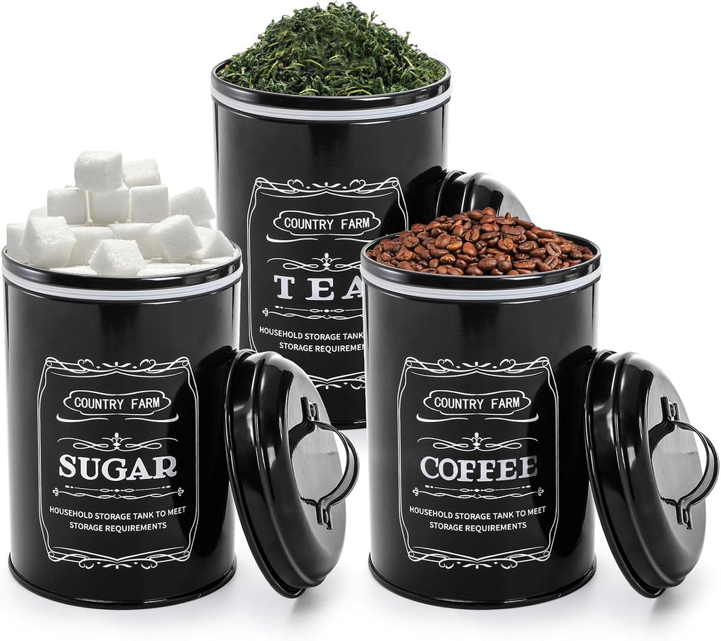 Metal Bread Box with 3 Kitchen Canisters Set, Large Black Farmhouse Bread Tin Countertop, Coffee Tea Sugar Canister - Set of 4