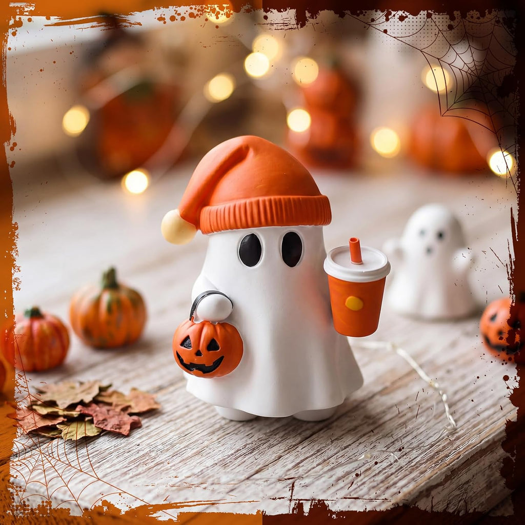 Cute Halloween Ghost Figurine with Pumpkin Bucket and Orange Drink