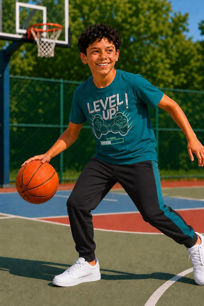 Boys Pants Set - 3 Piece Active Short Sleeve Graphic Tees Athletic Shorts and Jogger Sweatpants for Boys