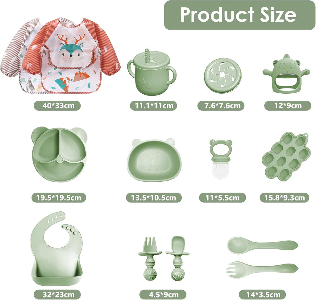 Feeding Set, 14 Pcs Baby Led Weaning Supplies, Baby Spoons & Forks Suction Bowl Divided Plate Bib Cup, First Stage