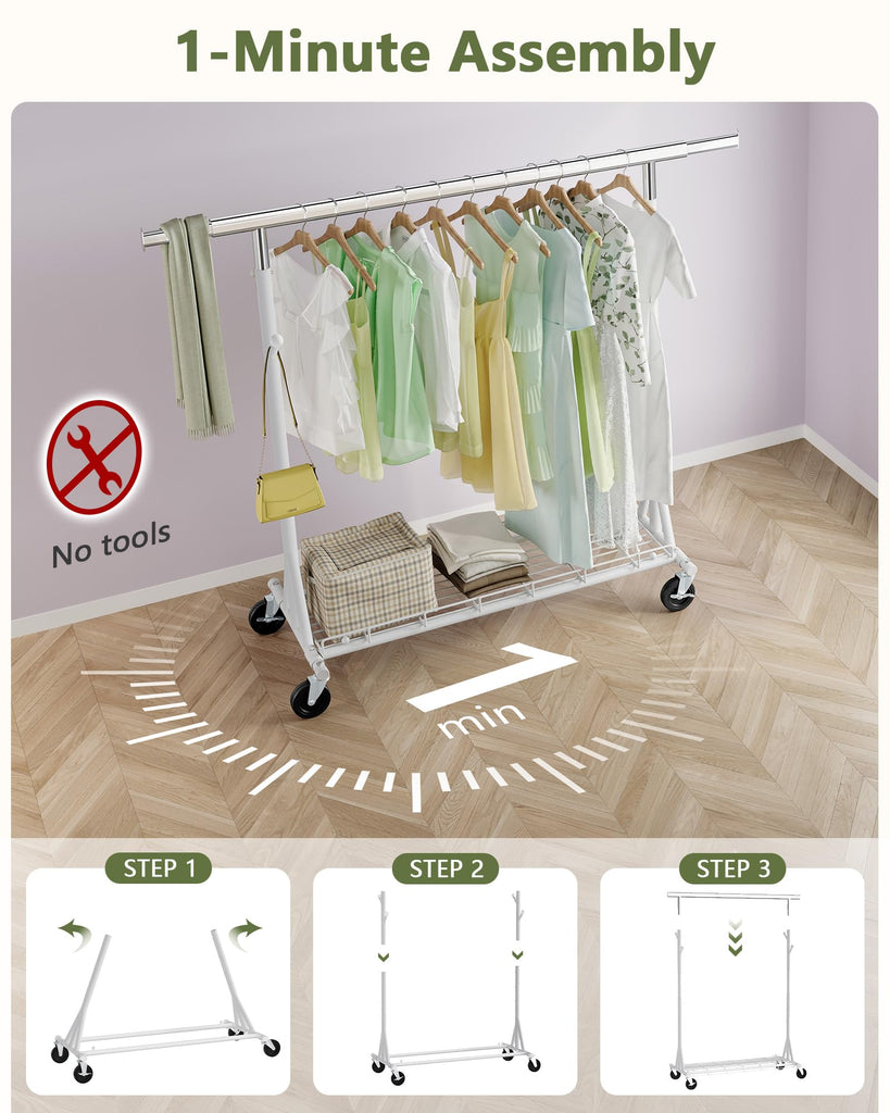 1-Minute Assembly Clothes Rack, 480 lbs Heavy Duty Rolling Clothing Racks with Wheels, Foldable Garment Rack