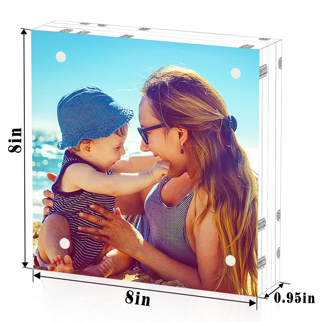 2 Pack 8x8 Acrylic Picture Frames, 24mm Thicker Square Frameless Clear Frame Double Sided Magnetic Frame, Free