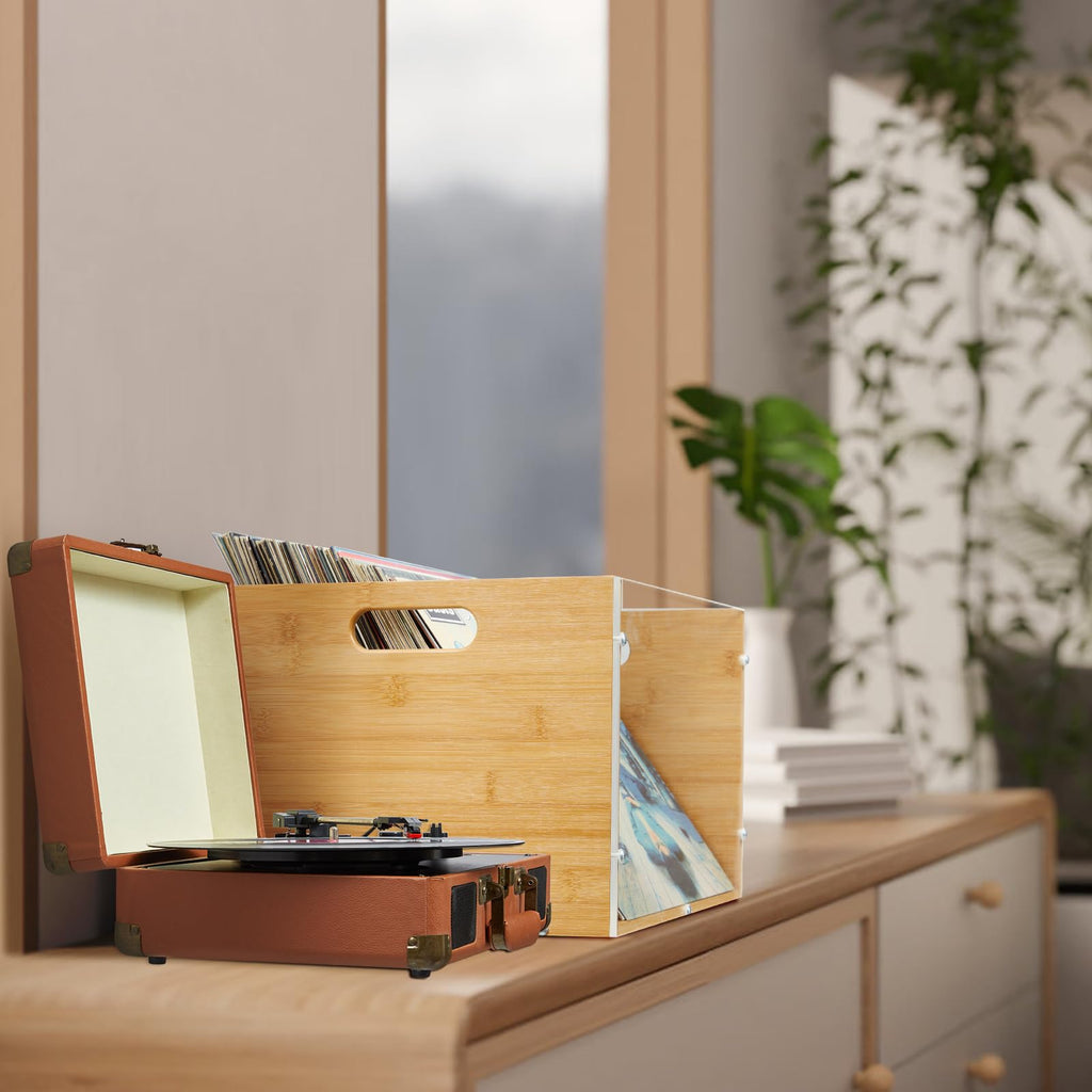 2-Pack Vinyl Record Storage Box, Bamboo & Acrylic Crate