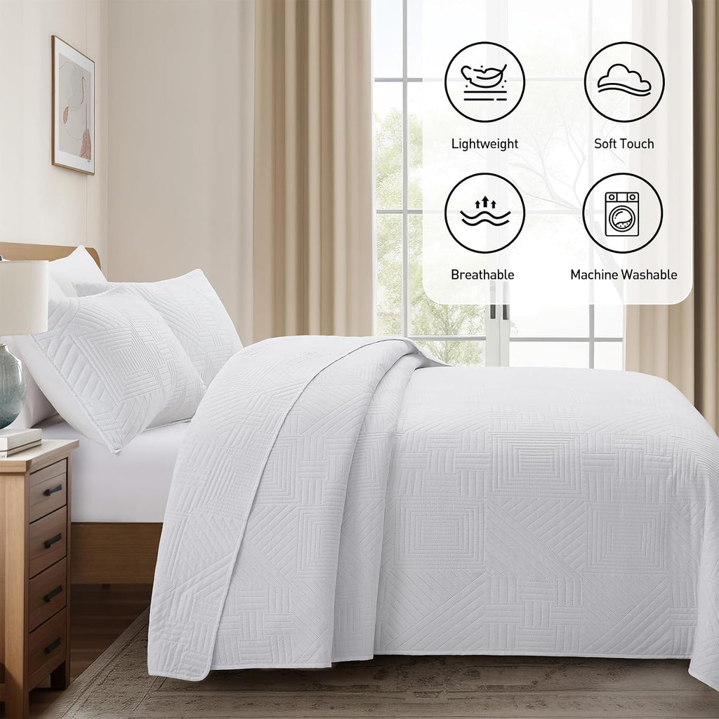 White Quilt King with Pillow Shams, Summer Soft Geometric Pattern Bedspread, 3 Pieces Lightweight Coverlet Bedding