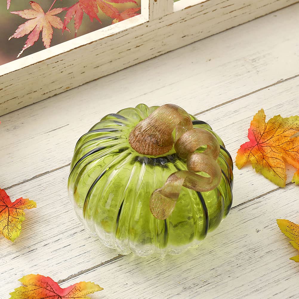 4.72 Inch Hand Blown Two-Tone Green Crackle Glass Pumpkin Table Accent for Fall Harvest Decoration