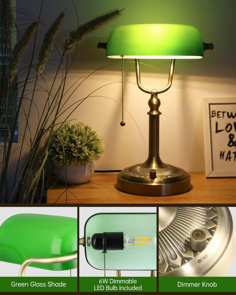 Green Stepless Dimmable Glass Bankers Desk Lamp