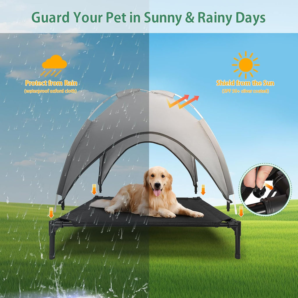 Outdoor Dog Bed with Canopy, Elevated Cot, Up to 100 lb, Gray