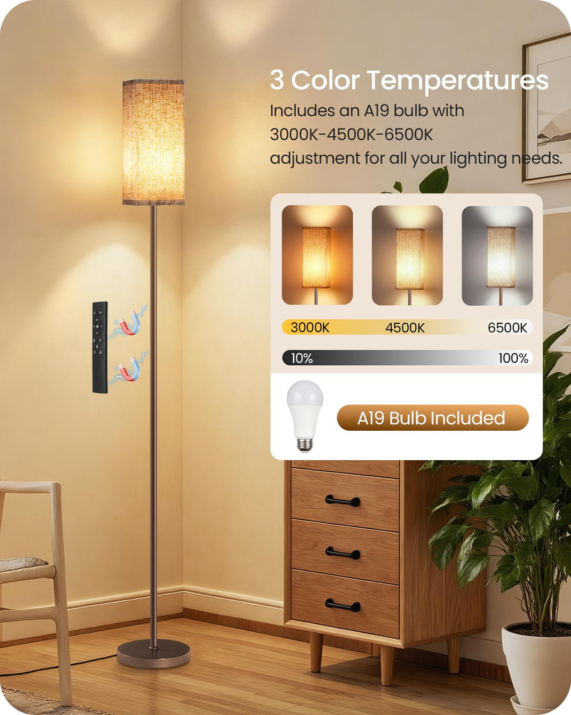 64.2'' Dimmable Floor Lamp with Remote and Foot Switch, Corner Floor Lamp, Includes 10W A19 Bulb, Modern Standing