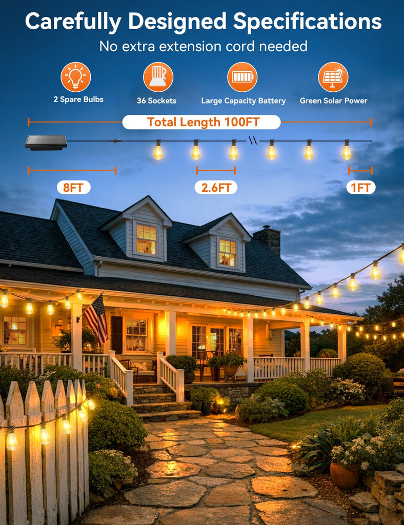 Solar String Lights Outdoor Waterproof with Remote, 36+2 Shatterproof ST38 LED Bulbs, Dimmable Patio Lights