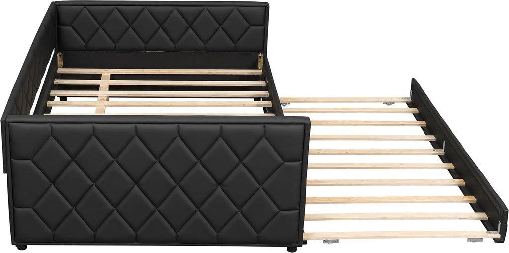 Full XL Size Daybed with Trundle, PU Leather Day Bed Frame | Black PU leather upholstered trundle bed with backrest