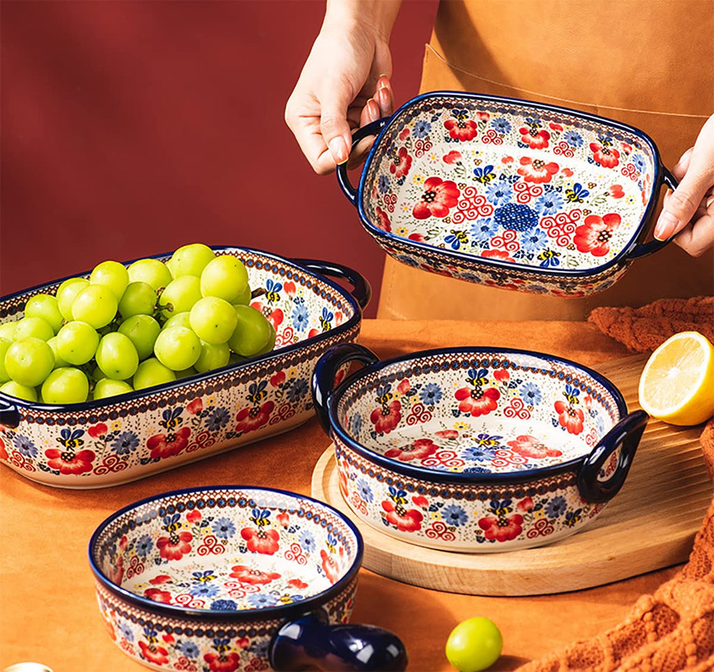 Vintage Flowers Style Ceramic Bakeware Casserole Dish Baking Pan Lasagna Pans Baking Dish with Handles for