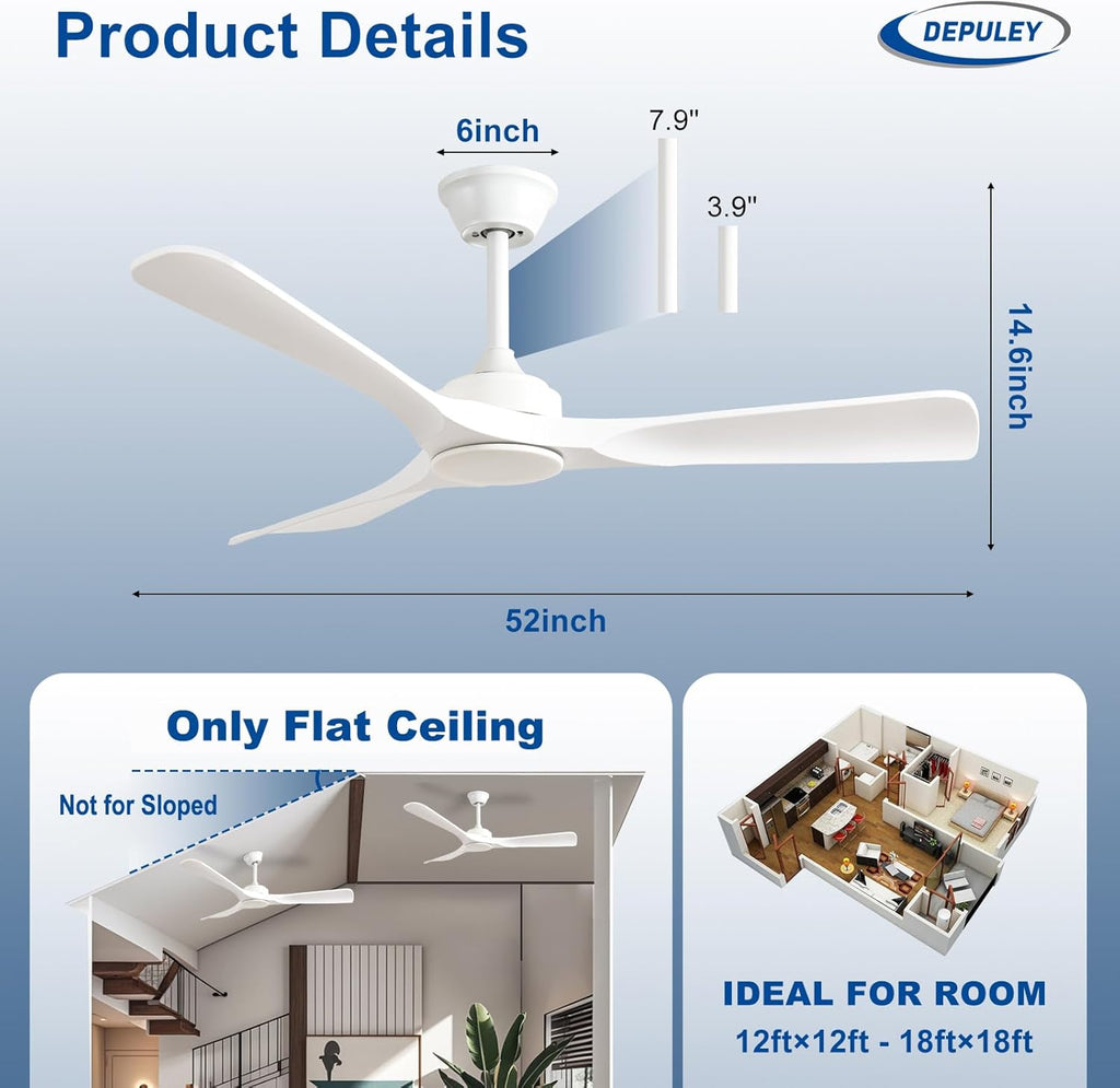 52 Inch 3 Blade Outdoor Fans for Patios - White Ceiling Fan No Light Indoor Remote Control Ultra Quiet DC Motor Reversible 6 Speed Timer A101-B0DYN2D4QH