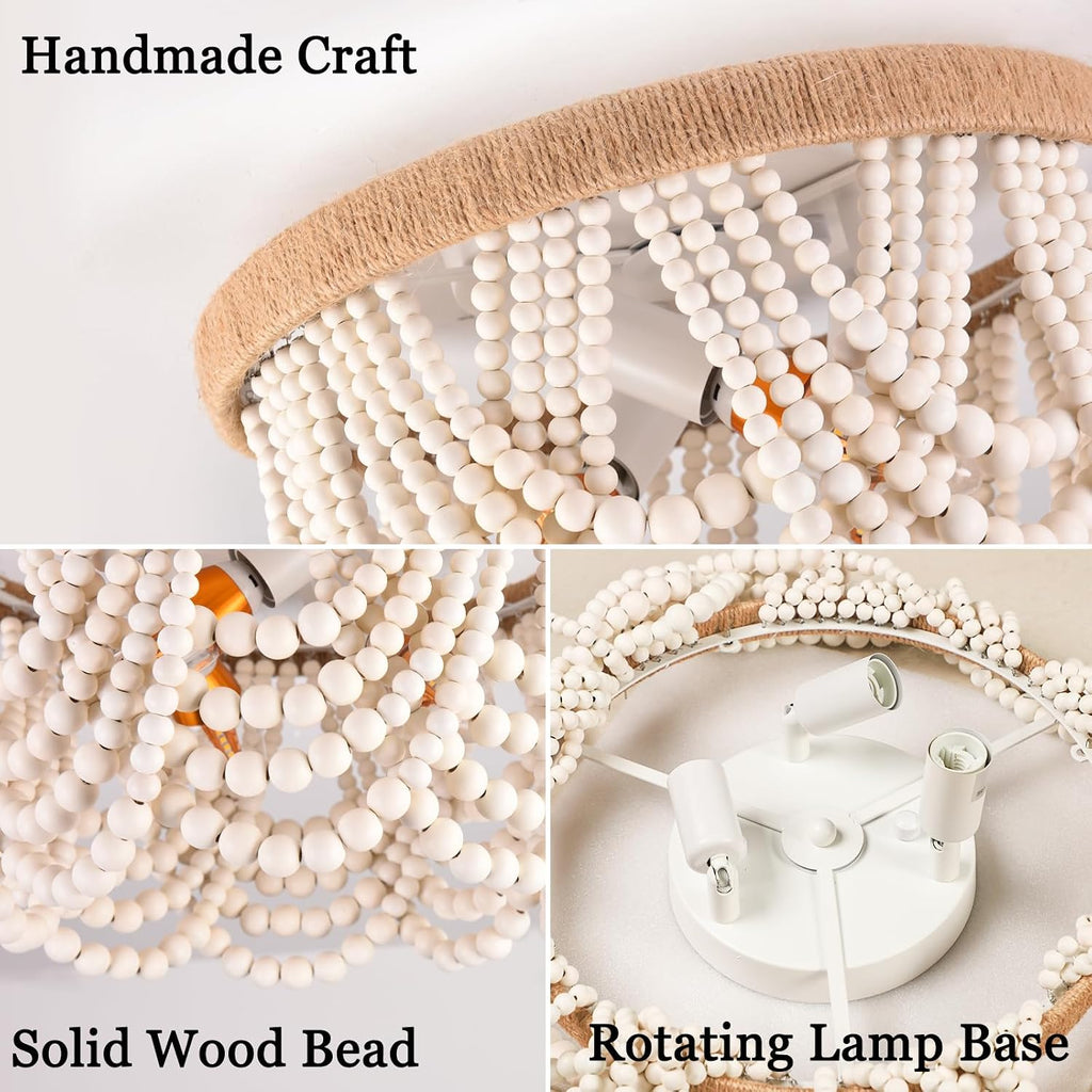 Wood Beaded Flush Mount Ceiling Light Antique Rustic Mini Chandelier Light White Boho Light Fixture
