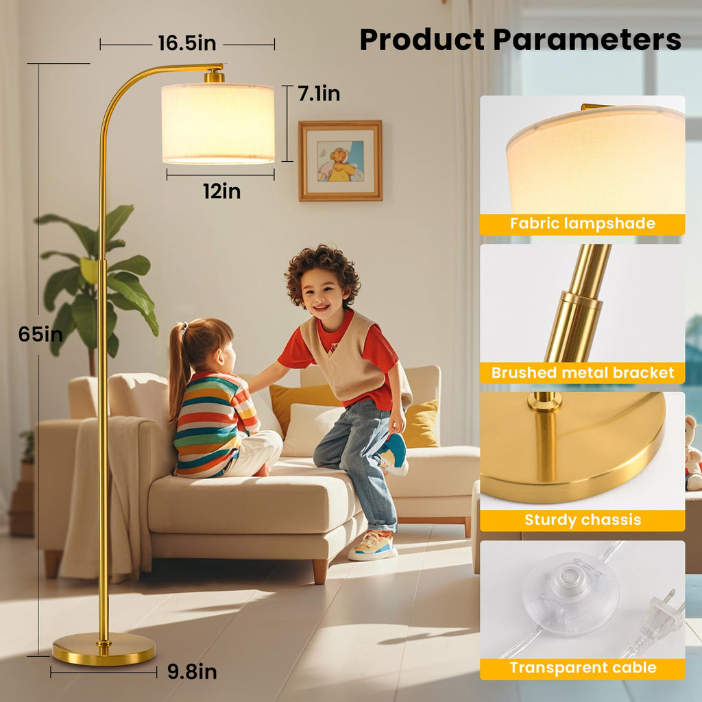 Tall Floor Lamp,65'' Modern Standing Lamps with 9W LED Bulb,Elegant Floor Light with Fabric Shade,Gold Tall Lamp