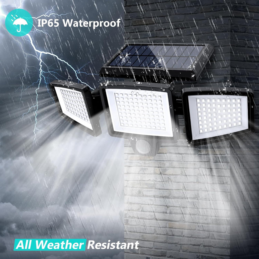 Solar Outdoor Lights 2500LM 210 LED Security Lights with Remote Control,3 Heads Motion Sensor Lights, IP65