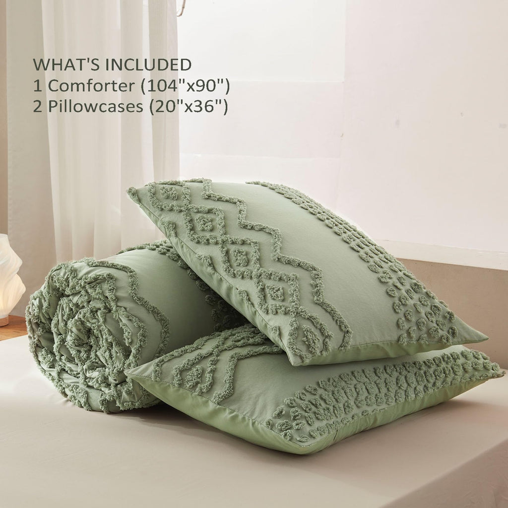 Sage Green Tufted Comforter Set, 3 Pieces King Boho Bedding Set