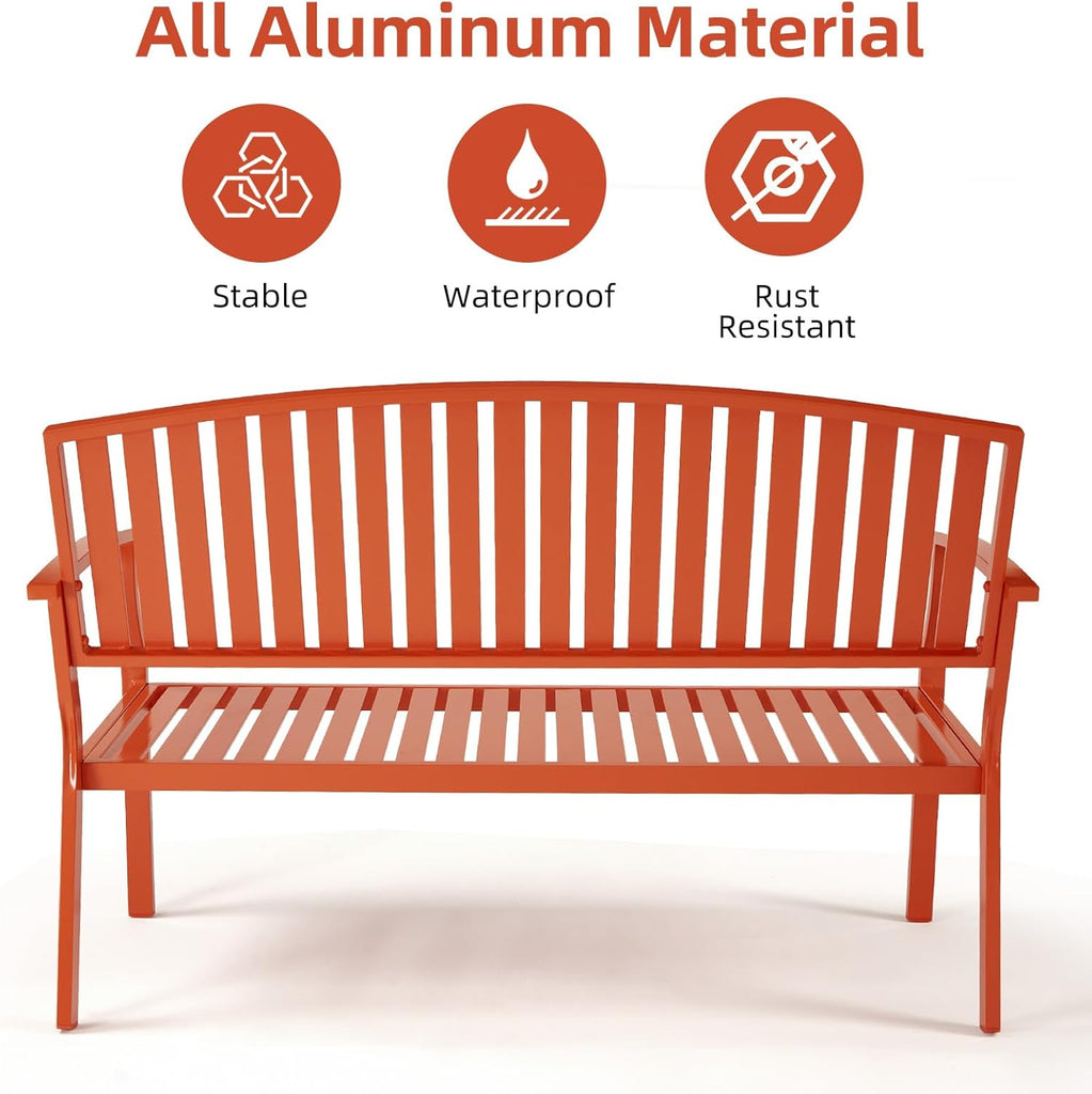 52" Outdoor Aluminum Garden Bench for 2, Weatherproof, Orange | waterproof rust-resistant metal bench supports up to