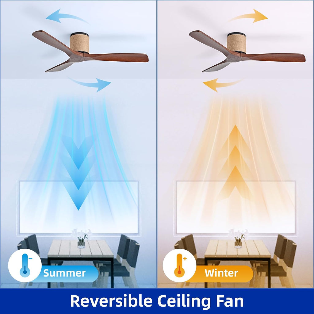 52" Low Profile Ceiling Fan No Light, Boho Farmhouse Flush Mount Ceiling Fan with Remote, Solid Wood Blades