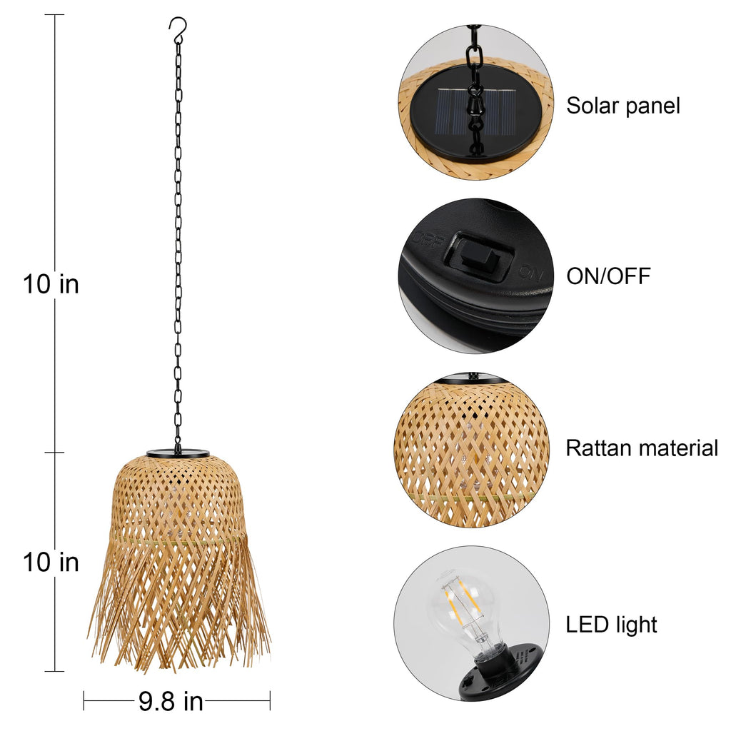 Solar Chandelier Outdoor, Bamboo Handmade Rattan Pendant Light, Rustic Retro Boho Hanging Lanterns for Gazebo Yard