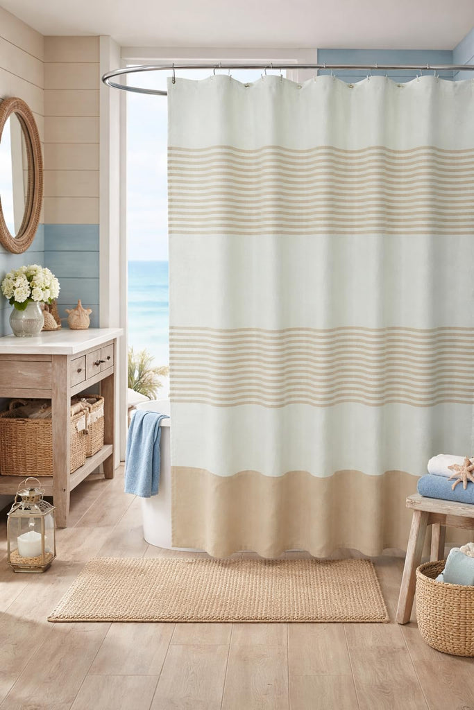 Tan Beige & White Striped Cotton Bathroom