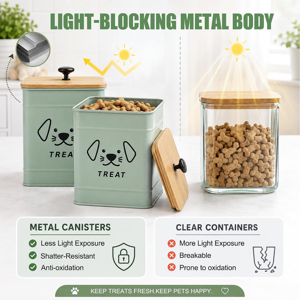 Dog Treat Container 6" W x 8" H Metal Storage Canister with Bamboo Lid