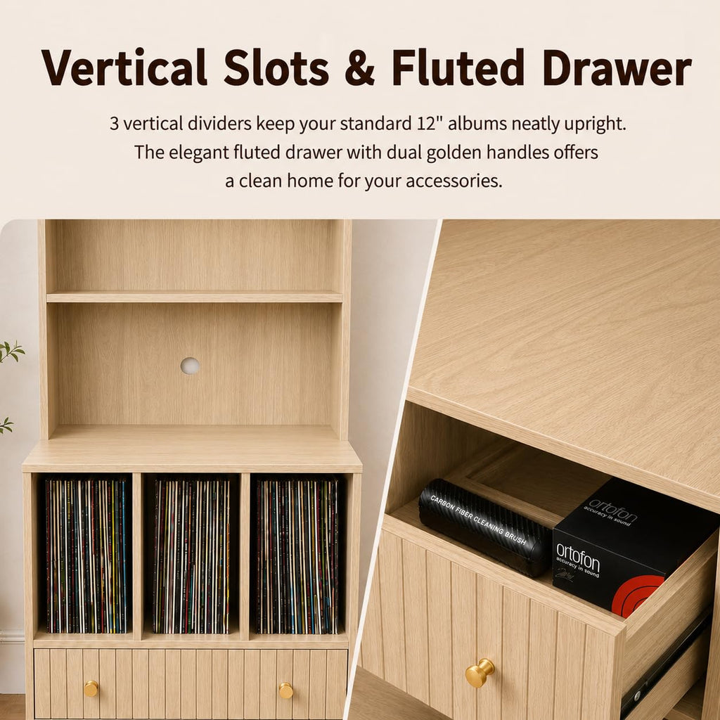MCM Record Player Bookshelf, Tall Record Player Cabinet with Vinyl Storage and Drawer, Walnut Turntable Stand with
