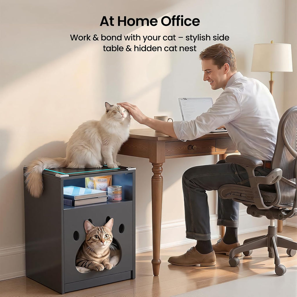 Cat House Night Cabinet with Charging Station & LED Lights, Modern Wooden Night Stand with Cozy Hidden Cat Condo