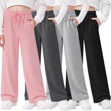 4 Pack Girls Wide Leg Sweatpants Drawstring Baggy Athletic Joggers Teen Kids Casual Pants with Pockets