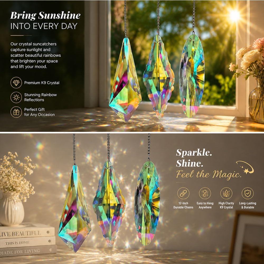 5" Large Crystal Sun Catcher 3PCS - Hanging Prism Rainbow Maker Windows - K9 Crystal Prism Suncatcher Set for Indoor