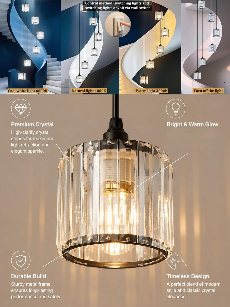 Crystal Pendant Lights Black 3 Light Cluster Ceiling, Modern Hanging Light Fixture Island, Adjustable Round Chandelier