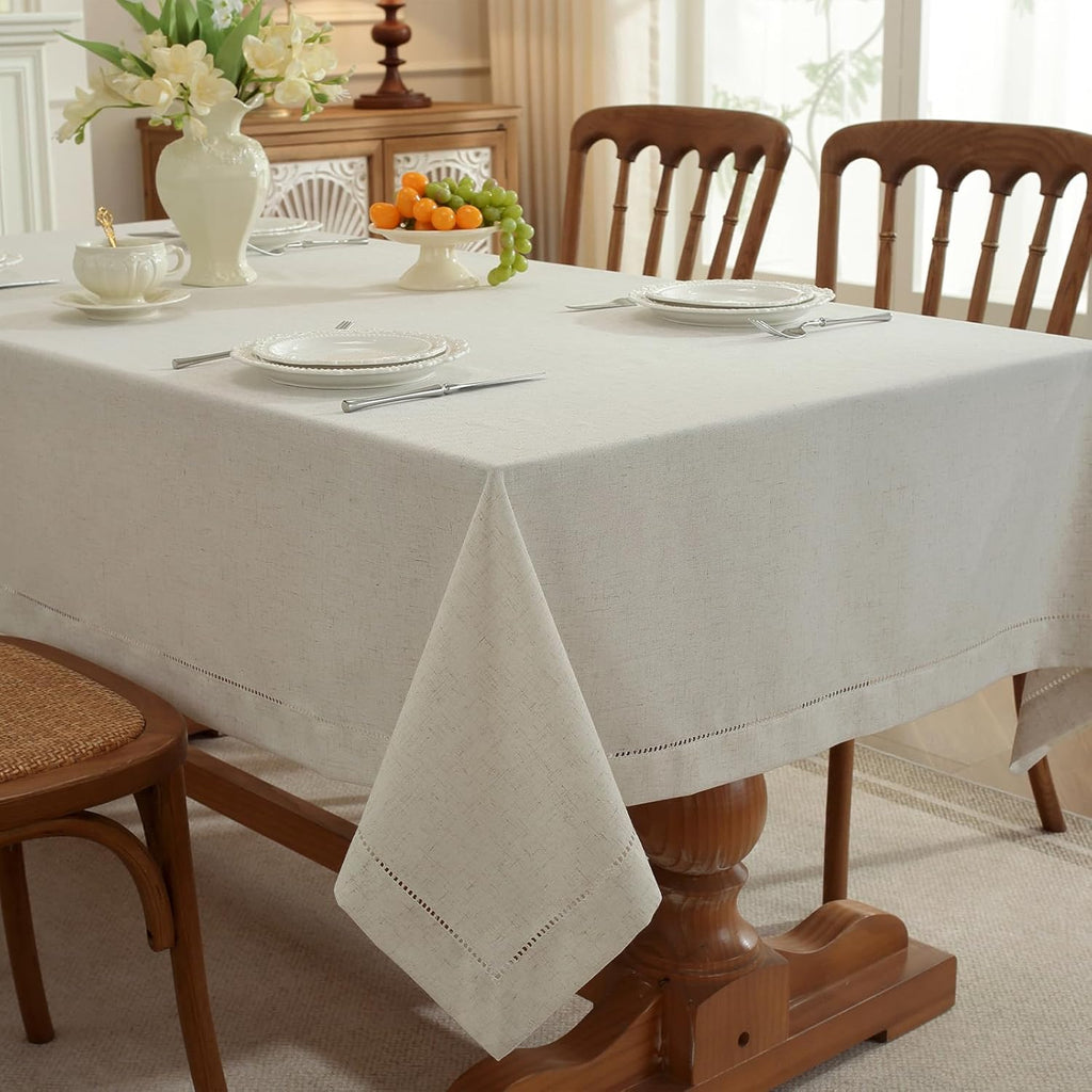 Linen Blend Handmade Hemstitched Tablecloth for Dinner Table, Parties, Wedding Decorations (60" x 10